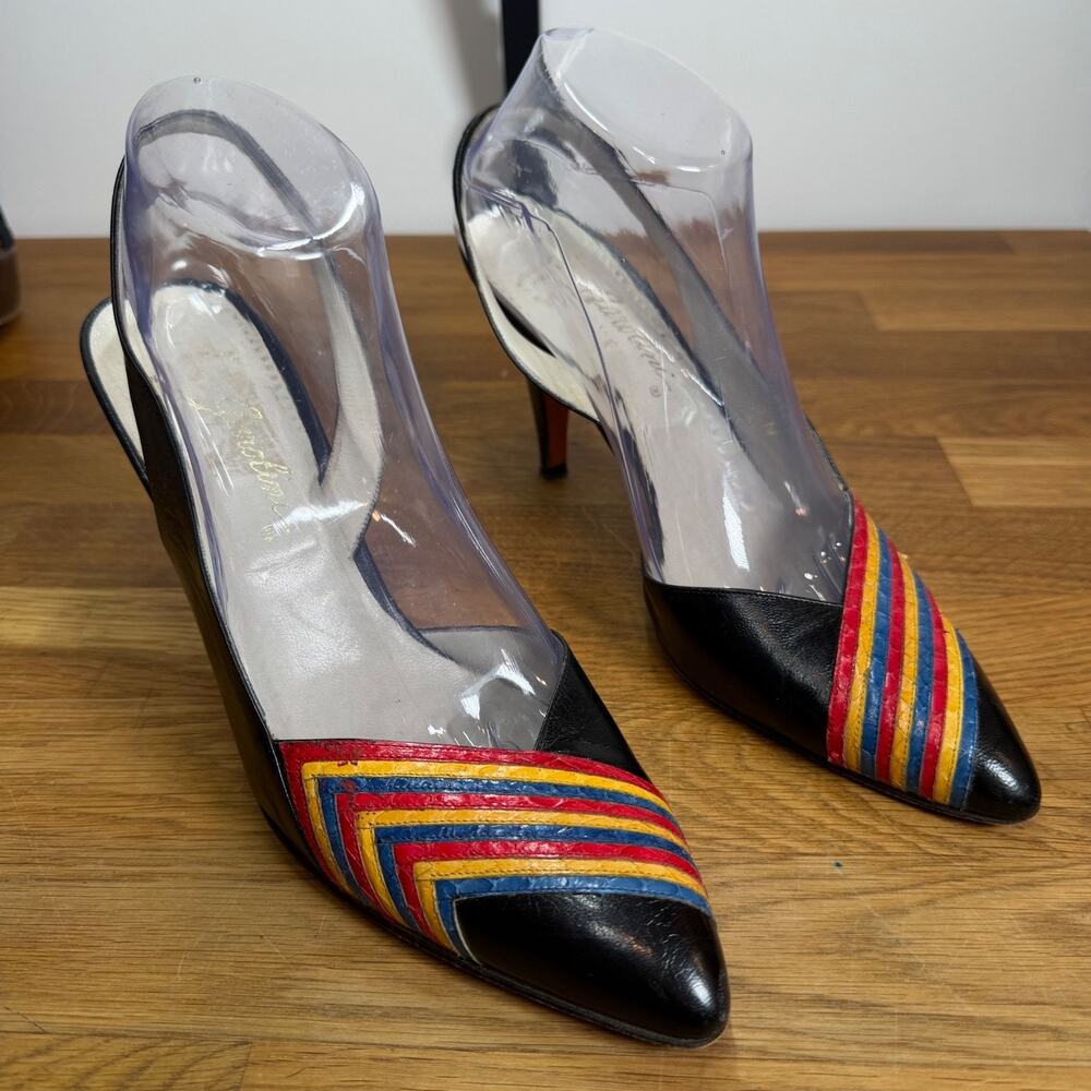 Garolini Vintage Sling Back Heels Rainbow Toe Women's 9.5N Pointed Toe Flawed